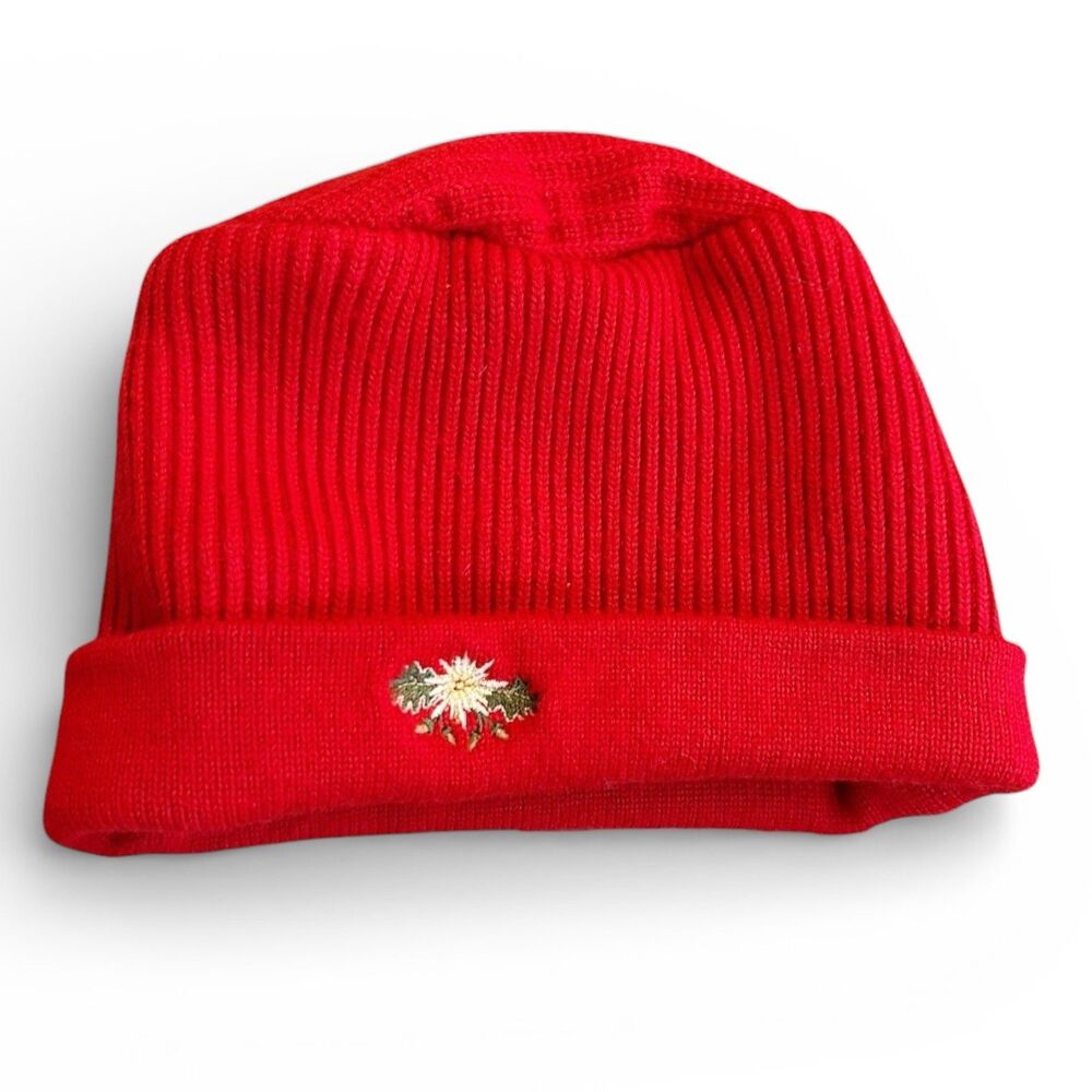 VTG Bogner Ribbed Cuffed Beanie Flower Embroidered Red Made In Italy